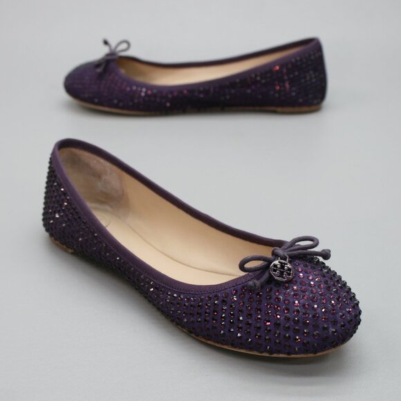Tory Burch Shoes - Tory Burch Ladies 10 Purple Suede Leather Crystals Strass Bow Ballet Shoes Flats